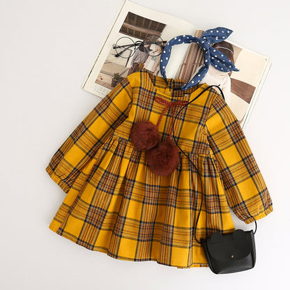 Plaid Long Sleeve Dress with Pom Pom Tie