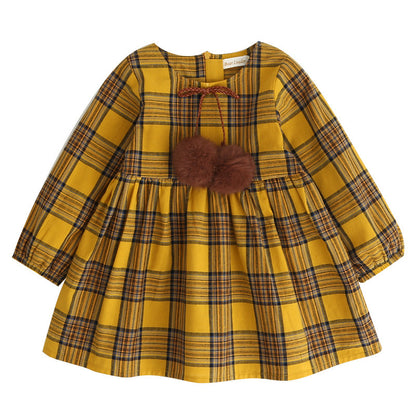 Plaid Long Sleeve Dress with Pom Pom Tie