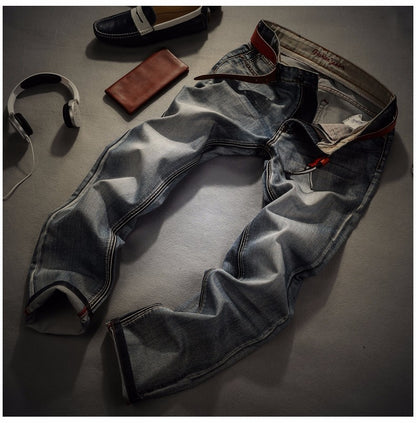 Classic Vintage Wash Long Denim Jeans in Grey