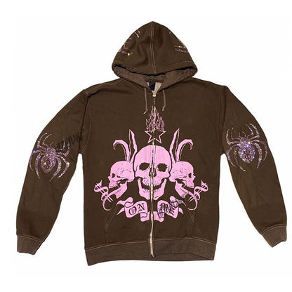 Oversized Brown Print Hooded Sweatshirt