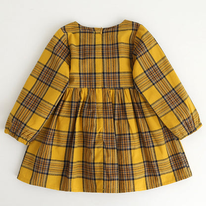 Plaid Long Sleeve Dress with Pom Pom Tie