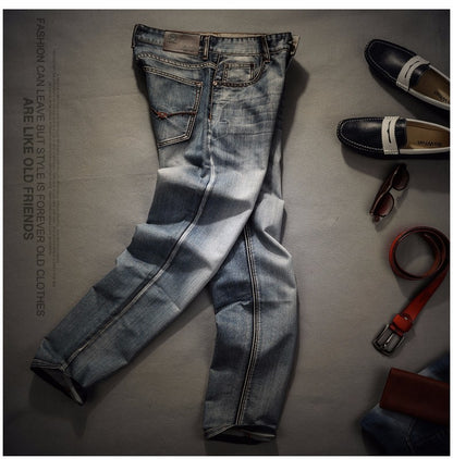 Classic Vintage Wash Long Denim Jeans in Grey