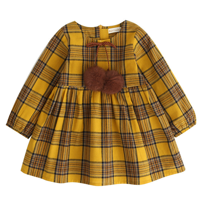 Plaid Long Sleeve Dress with Pom Pom Tie
