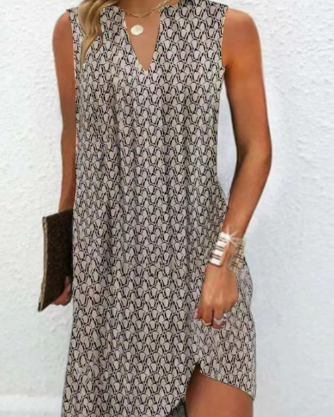 Sleeveless Printed Dress with V-Neck (One Piece)