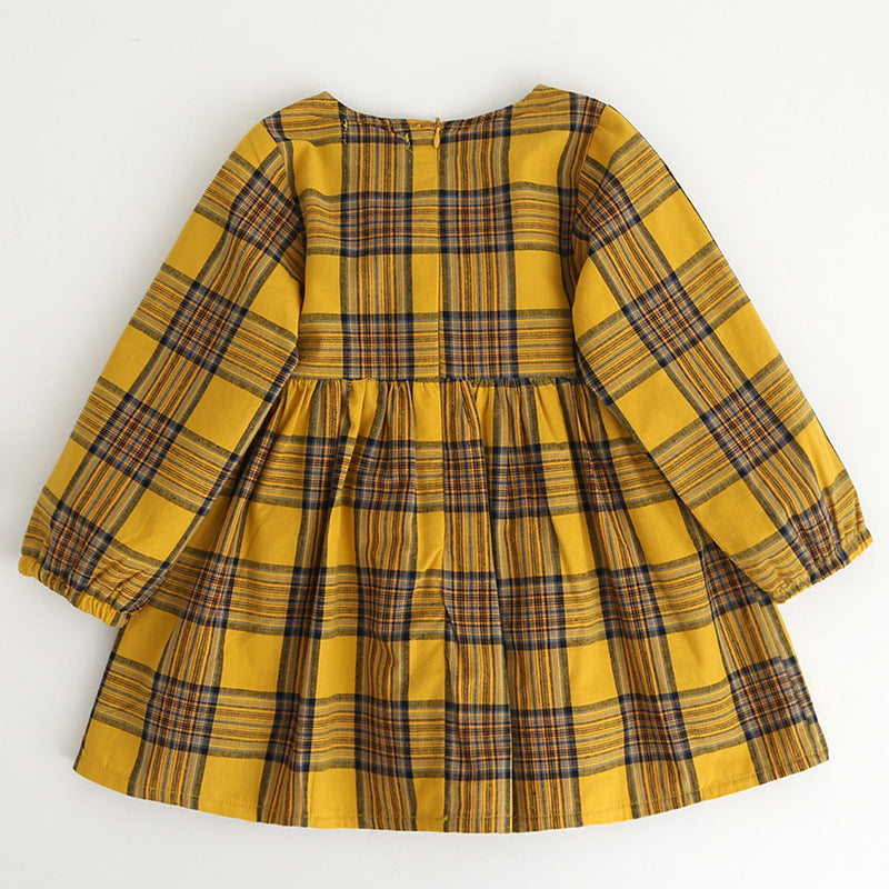 Plaid Long Sleeve Dress with Pom Pom Tie